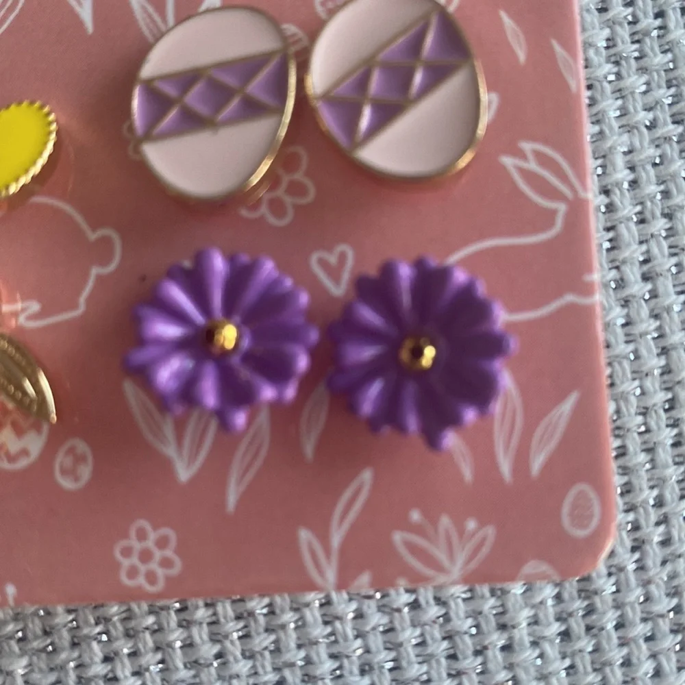 Spring Easter Earrings 6 Pairs post style, daisy, egg carrot, bunny heart flower - Picture 3 of 7